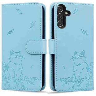 For Samsung Galaxy S24 FE 5G Cute Cat Embossed Leather Phone Case(Sky Blue)