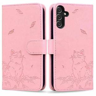 For Samsung Galaxy S24 FE 5G Cute Cat Embossed Leather Phone Case(Pink)