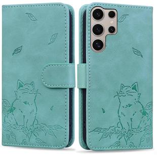 For Samsung Galaxy S25 Ultra 5G Cute Cat Embossed Leather Phone Case(Green)