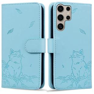 For Samsung Galaxy S25 Ultra 5G Cute Cat Embossed Leather Phone Case(Sky Blue)