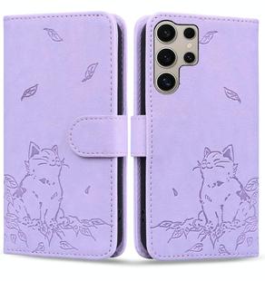 For Samsung Galaxy S25 Ultra 5G Cute Cat Embossed Leather Phone Case(Purple)