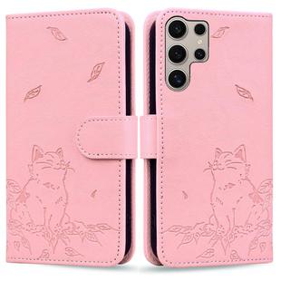 For Samsung Galaxy S25 Ultra 5G Cute Cat Embossed Leather Phone Case(Pink)