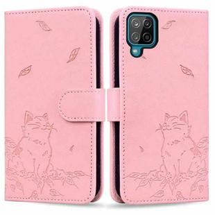 For Samsung Galaxy A12 Cute Cat Embossed Leather Phone Case(Pink)