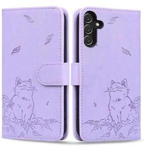 For Samsung Galaxy A14 5G Cute Cat Embossed Leather Phone Case(Purple)