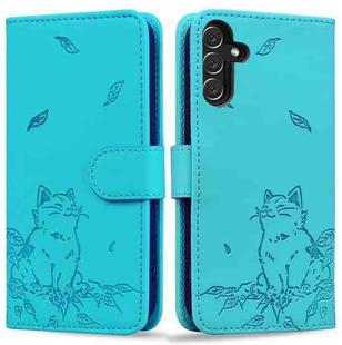 For Samsung Galaxy A34 5G Cute Cat Embossed Leather Phone Case(Lake Blue)