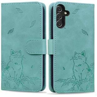 For Samsung Galaxy A55 5G Cute Cat Embossed Leather Phone Case(Green)