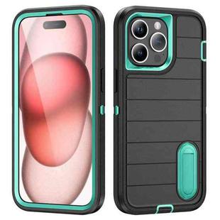 For iPhone 15 Pro Max Defender Gen2 Rugged PC + Silicone Phone Case with Holder(Black+Cyan)