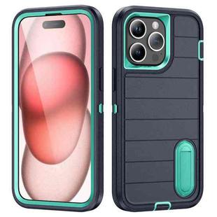 For iPhone 15 Pro Max Defender Gen2 Rugged PC + Silicone Phone Case with Holder(Dark Blue+Cyan)