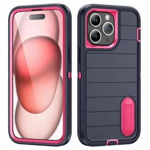 For iPhone 15 Pro Max Defender Gen2 Rugged PC + Silicone Phone Case with Holder(Dark Blue+Pink)