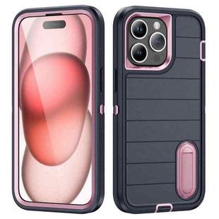 For iPhone 15 Pro Max Defender Gen2 Rugged PC + Silicone Phone Case with Holder(Dark Blue+Light Pink)