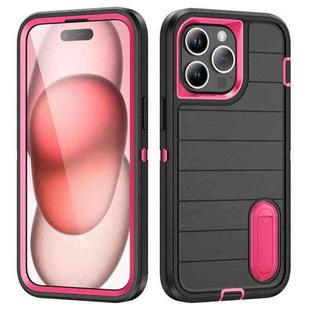 For iPhone 15 Pro Defender Gen2 Rugged PC + Silicone Phone Case with Holder(Black+Pink)