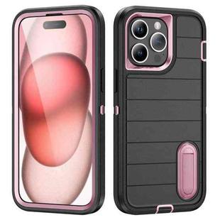 For iPhone 15 Pro Defender Gen2 Rugged PC + Silicone Phone Case with Holder(Black+Light Pink)