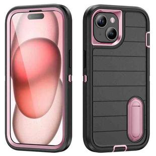 For iPhone 15 Plus Defender Gen2 Rugged PC + Silicone Phone Case with Holder(Black+Light Pink)