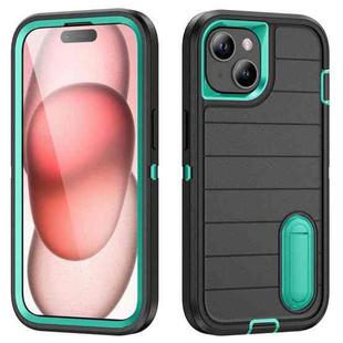 For iPhone 15 Defender Gen2 Rugged PC + Silicone Phone Case with Holder(Black+Cyan)