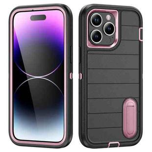 For iPhone 14 Pro Max Defender Gen2 Rugged PC + Silicone Phone Case with Holder(Black+Light Pink)