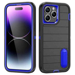 For iPhone 14 Pro Max Defender Gen2 Rugged PC + Silicone Phone Case with Holder(Black+Dark Blue)