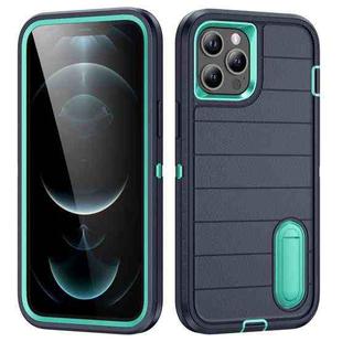 For iPhone 12 Pro Max Defender Gen2 Rugged PC + Silicone Phone Case with Holder(Dark Blue+Cyan)