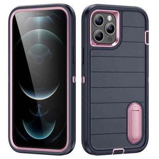 For iPhone 12 Pro Max Defender Gen2 Rugged PC + Silicone Phone Case with Holder(Dark Blue+Light Pink)