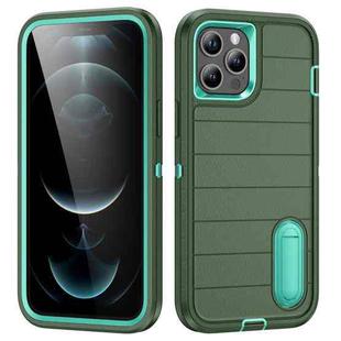 For iPhone 12 Pro Max Defender Gen2 Rugged PC + Silicone Phone Case with Holder(Dark Green+Cyan)