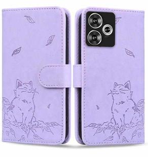 For Xiaomi Poco F6 Cute Cat Embossed Leather Phone Case(Purple)