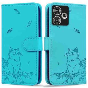 For Xiaomi Poco F6 Cute Cat Embossed Leather Phone Case(Lake Blue)