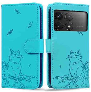 For Xiaomi Poco F6 Pro 5G Cute Cat Embossed Leather Phone Case(Lake Blue)