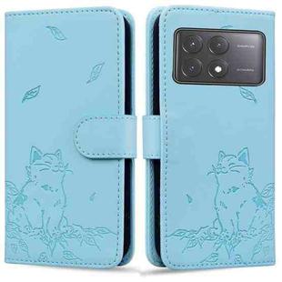 For Xiaomi Poco X6 5G Cute Cat Embossed Leather Phone Case(Sky Blue)