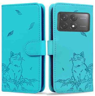 For Xiaomi Poco X6 5G Cute Cat Embossed Leather Phone Case(Lake Blue)