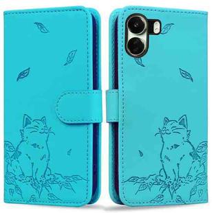 For Xiaomi Poco C65 Cute Cat Embossed Leather Phone Case(Lake Blue)