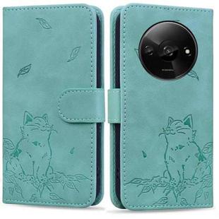 For Redmi A3 Cute Cat Embossed Leather Phone Case(Green)