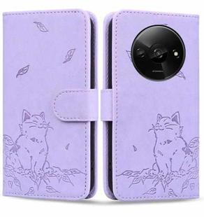 For Redmi A3 Cute Cat Embossed Leather Phone Case(Purple)