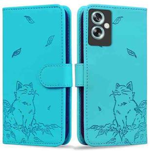 For OnePlus Nord N30 SE Cute Cat Embossed Leather Phone Case(Lake Blue)