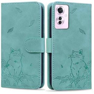 For OPPO Reno11 F 5G Cute Cat Embossed Leather Phone Case(Green)