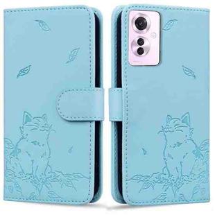 For OPPO Reno11 F 5G Cute Cat Embossed Leather Phone Case(Sky Blue)