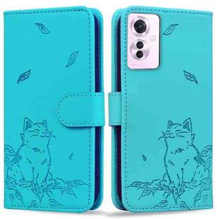 For OPPO Reno11 F 5G Cute Cat Embossed Leather Phone Case(Lake Blue)