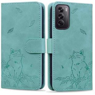 For OPPO Reno12 5G Global Cute Cat Embossed Leather Phone Case(Green)