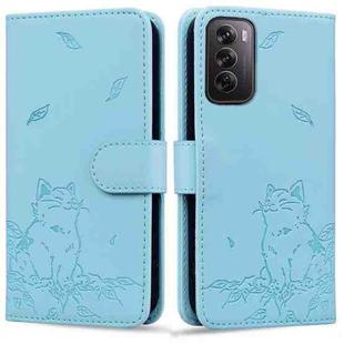 For OPPO Reno12 5G Global Cute Cat Embossed Leather Phone Case(Sky Blue)