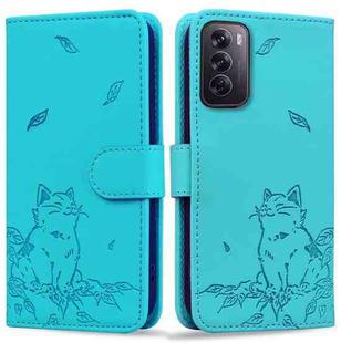 For OPPO Reno12 Pro 5G Global Cute Cat Embossed Leather Phone Case(Lake Blue)