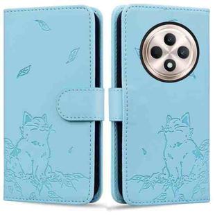 For OPPO Reno12 F 5G Cute Cat Embossed Leather Phone Case(Sky Blue)