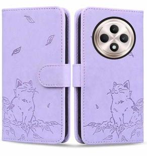 For OPPO Reno12 F 5G Cute Cat Embossed Leather Phone Case(Purple)