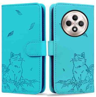 For OPPO Reno12 F 5G Cute Cat Embossed Leather Phone Case(Lake Blue)