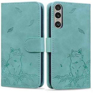 For Sony Xperia 1 VI Cute Cat Embossed Leather Phone Case(Green)