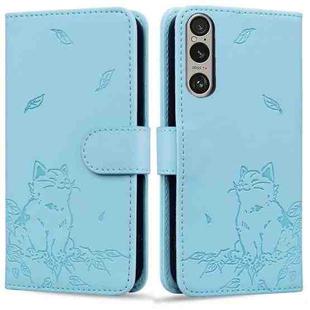 For Sony Xperia 1 VI Cute Cat Embossed Leather Phone Case(Sky Blue)