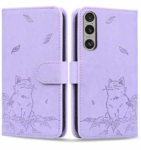 For Sony Xperia 1 VI Cute Cat Embossed Leather Phone Case(Purple)