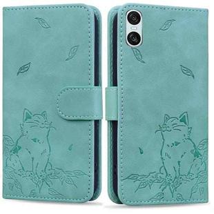 For Sony Xperia 10 VI Cute Cat Embossed Leather Phone Case(Green)