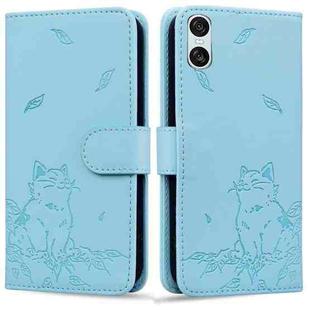 For Sony Xperia 10 VI Cute Cat Embossed Leather Phone Case(Sky Blue)