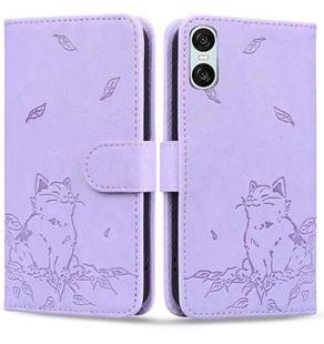 For Sony Xperia 10 VI Cute Cat Embossed Leather Phone Case(Purple)