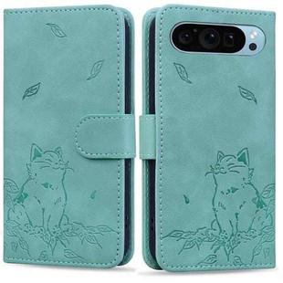 For Google Pixel 9 / 9 Pro Cute Cat Embossed Leather Phone Case(Green)