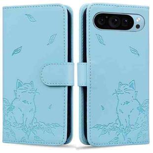 For Google Pixel 9 / 9 Pro Cute Cat Embossed Leather Phone Case(Sky Blue)