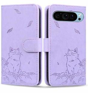 For Google Pixel 9 / 9 Pro Cute Cat Embossed Leather Phone Case(Purple)